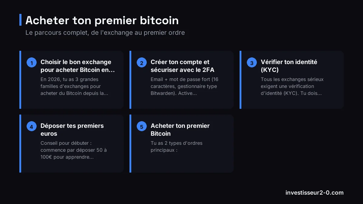 Acheter ton premier bitcoin : Choisir le bon exchange pour acheter Bitcoin en France, Créer ton compte et sécuriser avec le 2FA, Vérifier ton identité (KYC), Déposer tes premiers euros, Acheter ton premier Bitcoin.