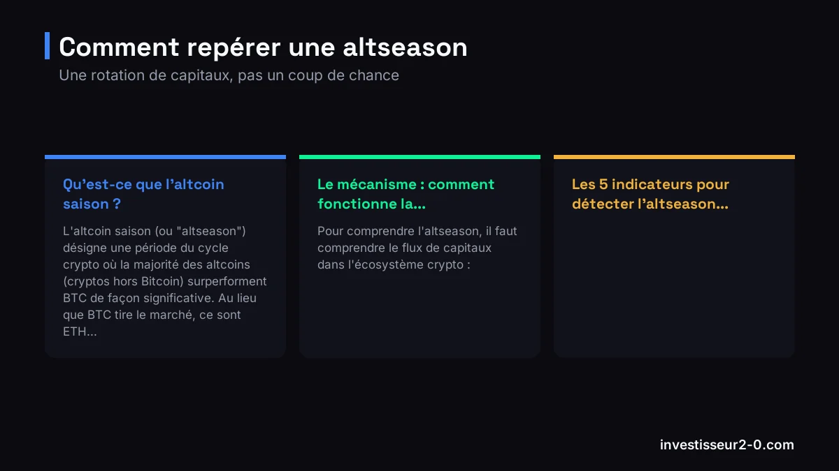 Comment repérer une altseason : Qu'est-ce que l'altcoin saison ?, Le mécanisme : comment fonctionne la..., Les 5 indicateurs pour détecter l'altseason....