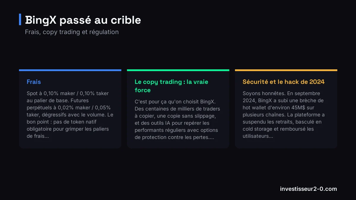 BingX passé au crible : Frais, Le copy trading : la vraie force, Sécurité et le hack de 2024.