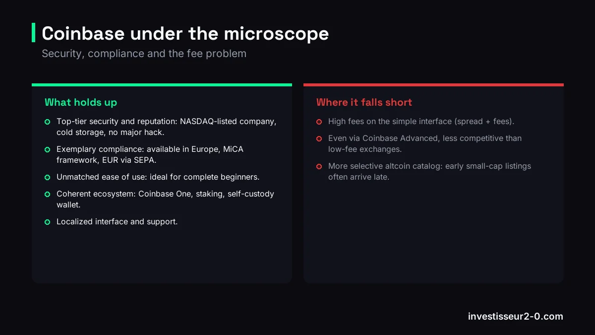 Coinbase under the microscope: Top-tier security and reputation: NASDAQ-listed company, cold storage, no major hack., Exemplary compliance: available in Europe, MiCA framework, EUR via SEPA., Unmatched ease of use: ideal for complete beginners., High fees on the simple interface (spread + fees)., Even via Coinbase Advanced, less competitive than low-fee exchanges..