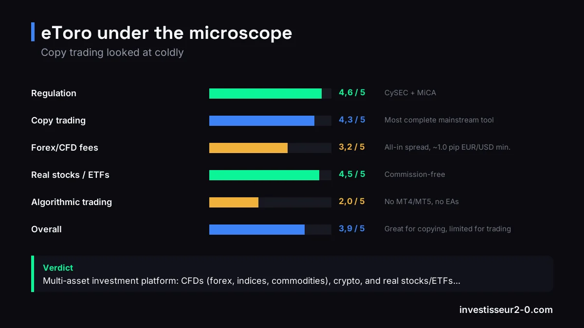 eToro under the microscope: Regulation rated 4.6 out of 5, Copy trading rated 4.3 out of 5, Forex/CFD fees rated 3.2 out of 5, Real stocks / ETFs rated 4.5 out of 5, Algorithmic trading rated 2.0 out of 5, Overall rated 3.9 out of 5.