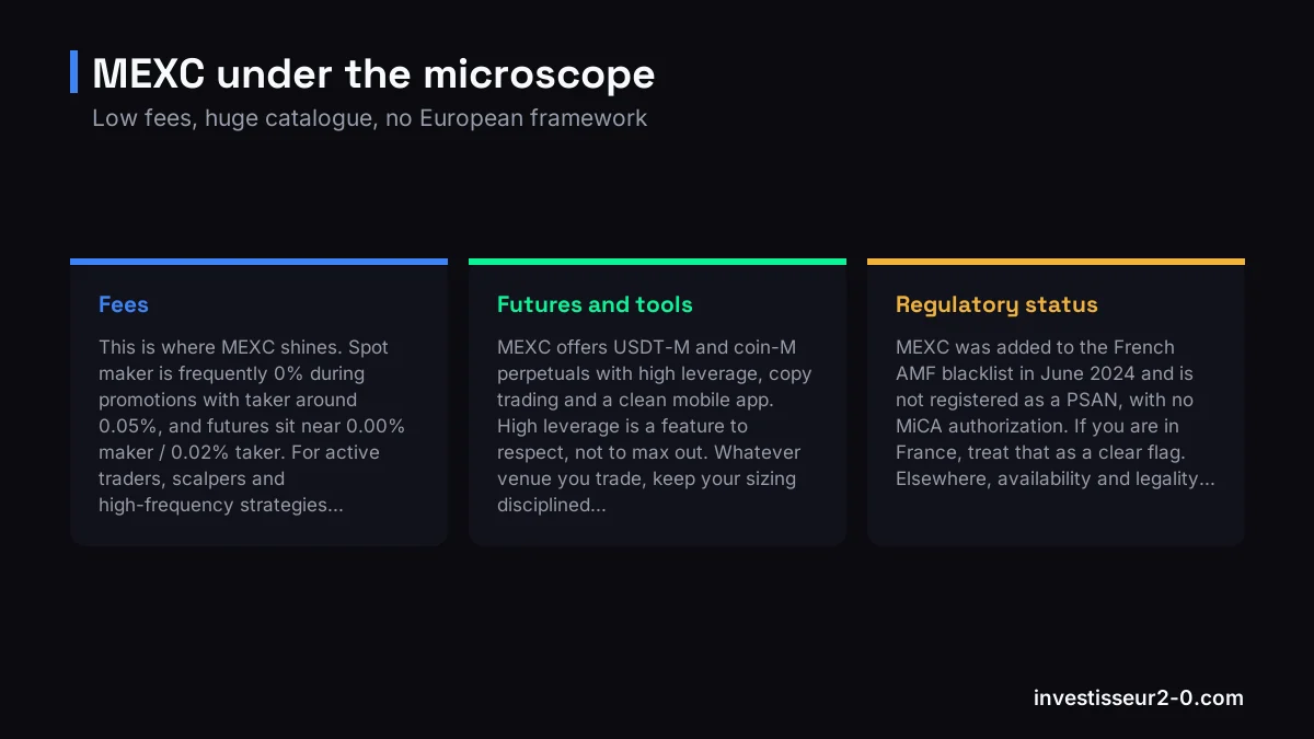 MEXC under the microscope: Fees, Futures and tools, Regulatory status.