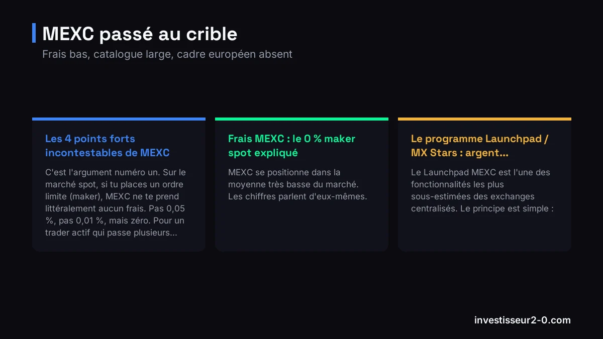 MEXC passé au crible : Les 4 points forts incontestables de MEXC, Frais MEXC : le 0 % maker spot expliqué, Le programme Launchpad / MX Stars : argent....