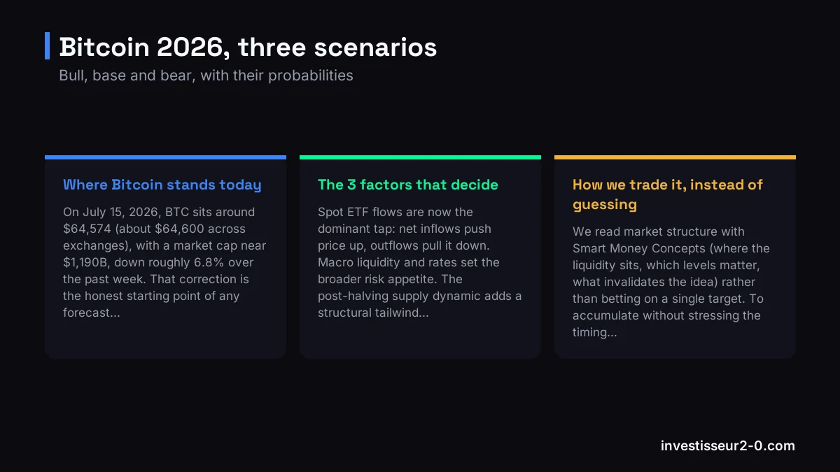 Bitcoin 2026, three scenarios: Where Bitcoin stands today, The 3 factors that decide, How we trade it, instead of guessing.