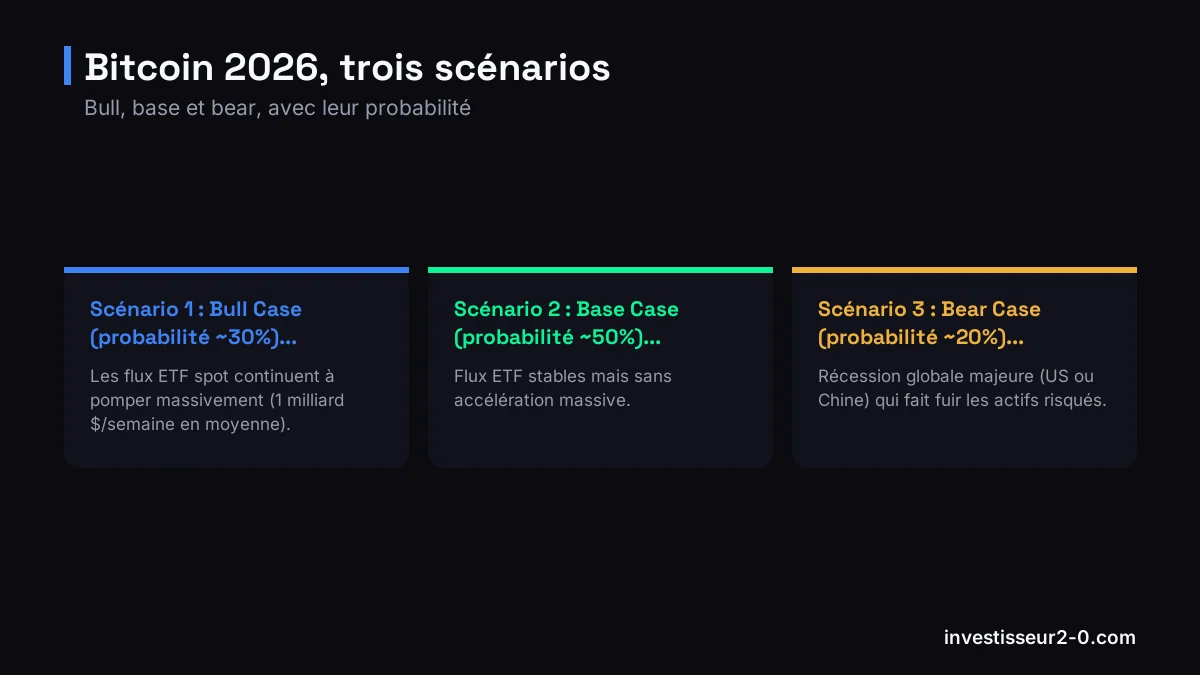 Bitcoin 2026, trois scénarios : Scénario 1 : Bull Case (probabilité ~30%)..., Scénario 2 : Base Case (probabilité ~50%)..., Scénario 3 : Bear Case (probabilité ~20%)....