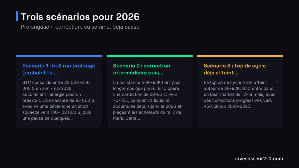Trois scénarios pour 2026 : Scénario 1 : bull run prolongé (probabilité..., Scénario 2 : correction intermédiaire puis..., Scénario 3 : top de cycle déjà atteint....