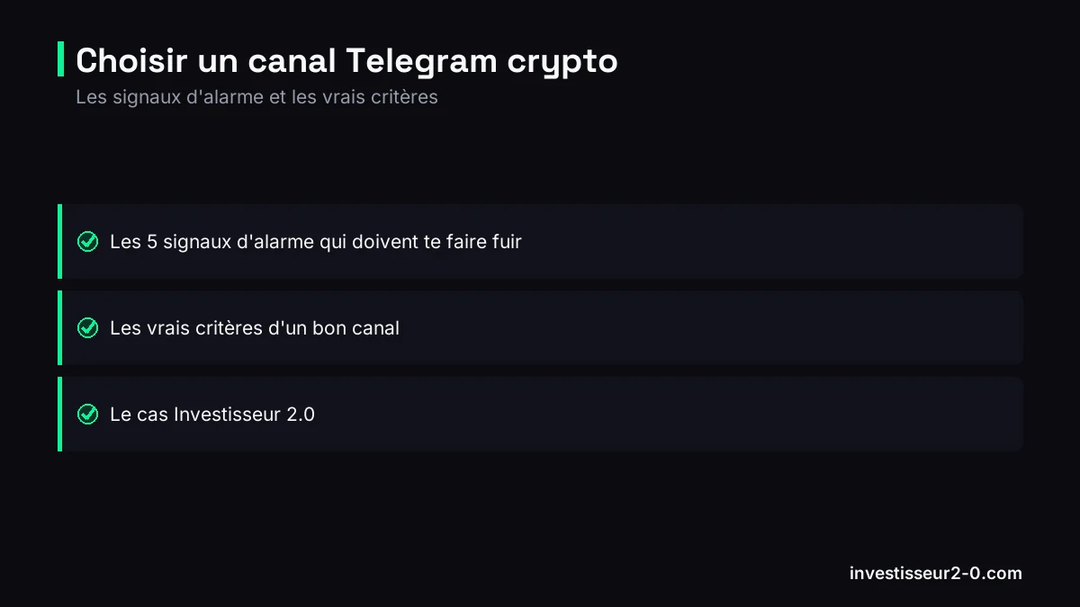 Choisir un canal Telegram crypto : Les 5 signaux d'alarme qui doivent te faire fuir, Les vrais critères d'un bon canal, Le cas Investisseur 2.0.