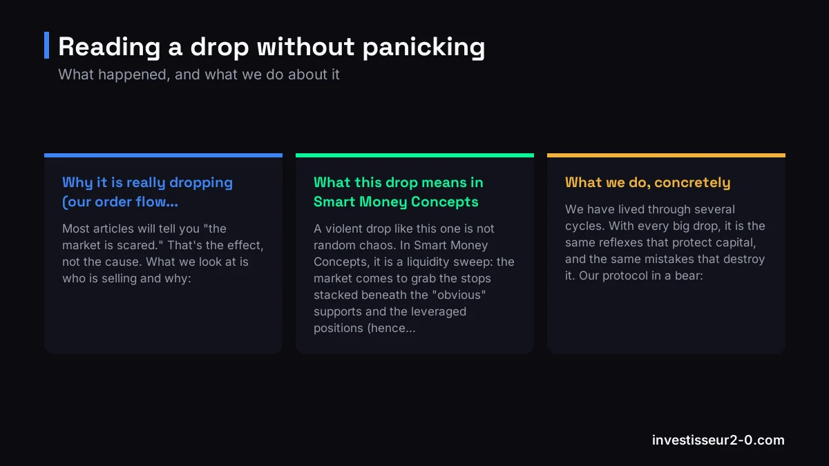 Reading a drop without panicking: Why it is really dropping (our order flow..., What this drop means in Smart Money Concepts, What we do, concretely.