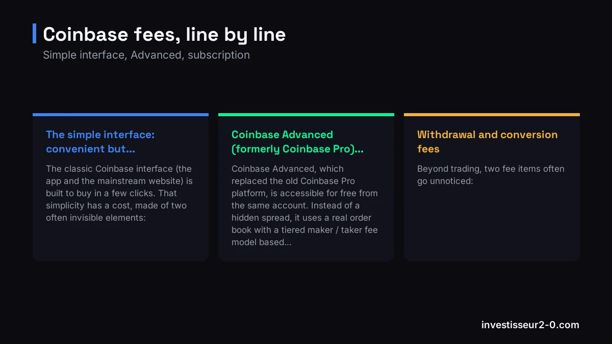 Coinbase fees, line by line: The simple interface: convenient but..., Coinbase Advanced (formerly Coinbase Pro)..., Withdrawal and conversion fees.