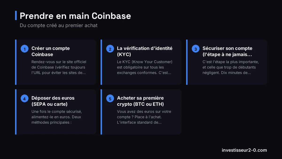 Prendre en main Coinbase : Créer un compte Coinbase, La vérification d'identité (KYC), Sécuriser son compte (l'étape à ne jamais sauter), Déposer des euros (SEPA ou carte), Acheter sa première crypto (BTC ou ETH).