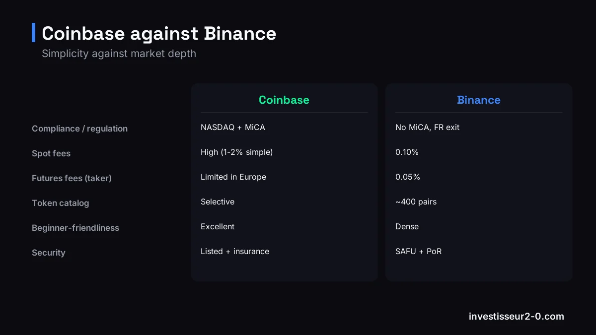 Coinbase against Binance: Compliance / regulation: NASDAQ + MiCA versus No MiCA, FR exit, Spot fees: High (1-2% simple) versus 0.10%, Futures fees (taker): Limited in Europe versus 0.05%, Token catalog: Selective versus ~400 pairs.
