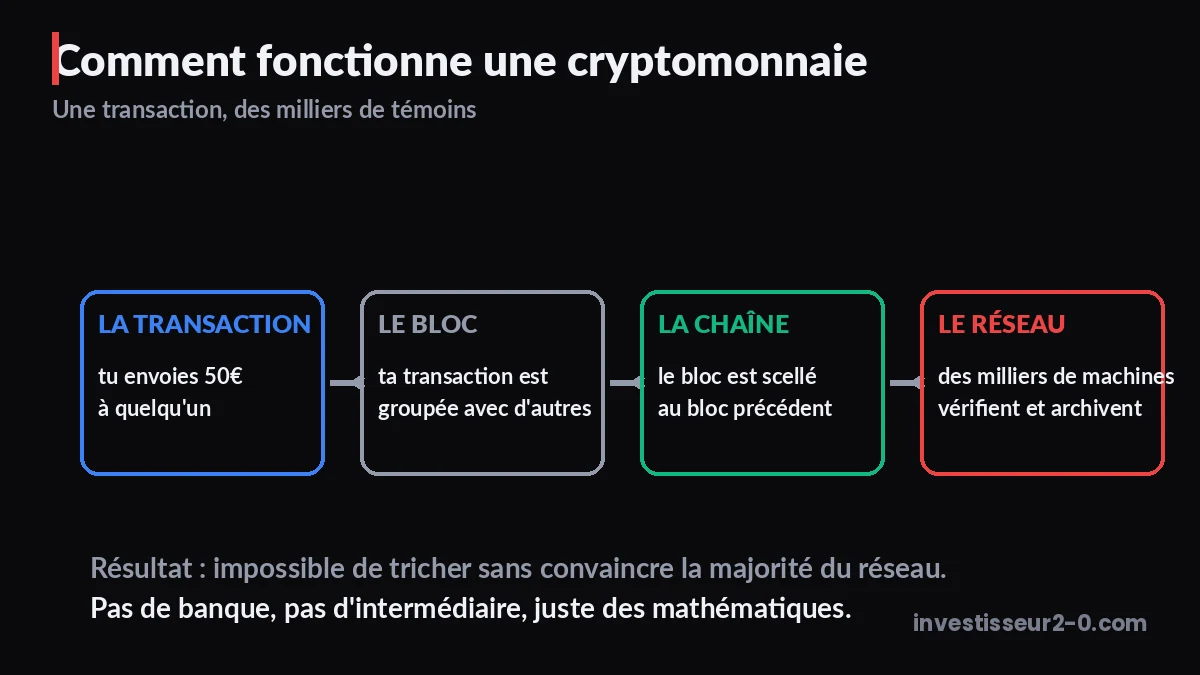 Schéma simple du fonctionnement d'une cryptomonnaie : la transaction entre dans un bloc, le bloc est scellé à la chaîne, le réseau vérifie et archive