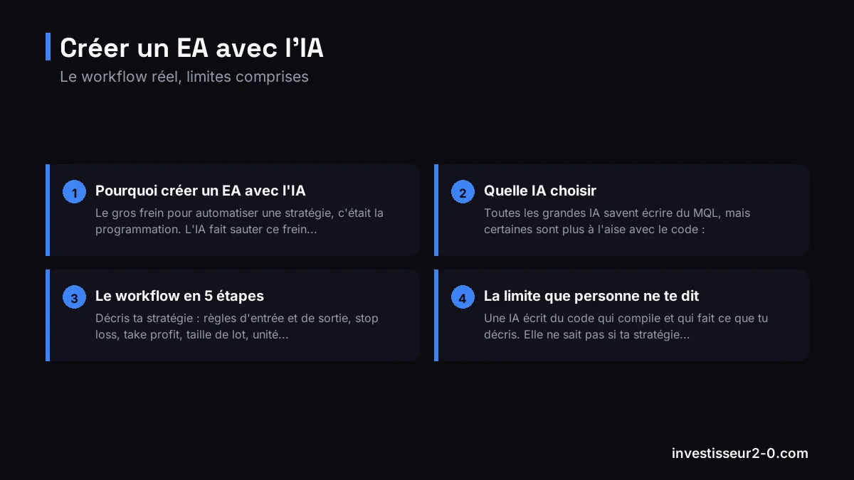 Créer un EA avec l'IA : Pourquoi créer un EA avec l'IA, Quelle IA choisir, Le workflow en 5 étapes, La limite que personne ne te dit.