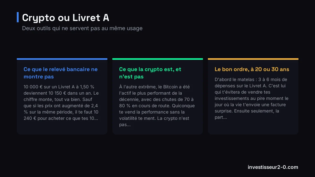 Crypto ou Livret A : Ce que le relevé bancaire ne montre pas, Ce que la crypto est, et n'est pas, Le bon ordre, à 20 ou 30 ans.