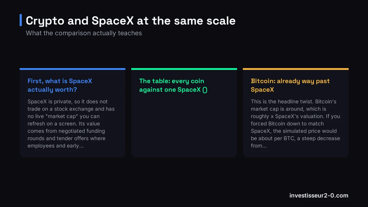 Crypto and SpaceX at the same scale: First, what is SpaceX actually worth?, The table: every coin against one SpaceX (), Bitcoin: already way past SpaceX.