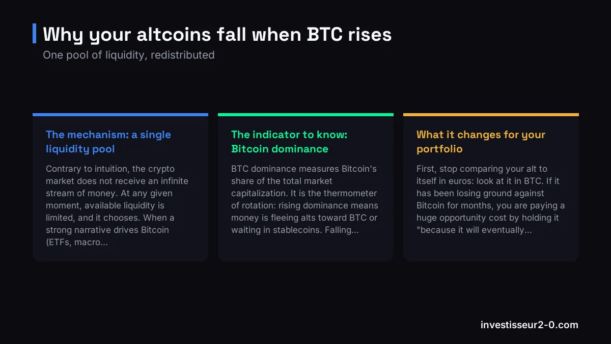 Why your altcoins fall when BTC rises: The mechanism: a single liquidity pool, The indicator to know: Bitcoin dominance, What it changes for your portfolio.