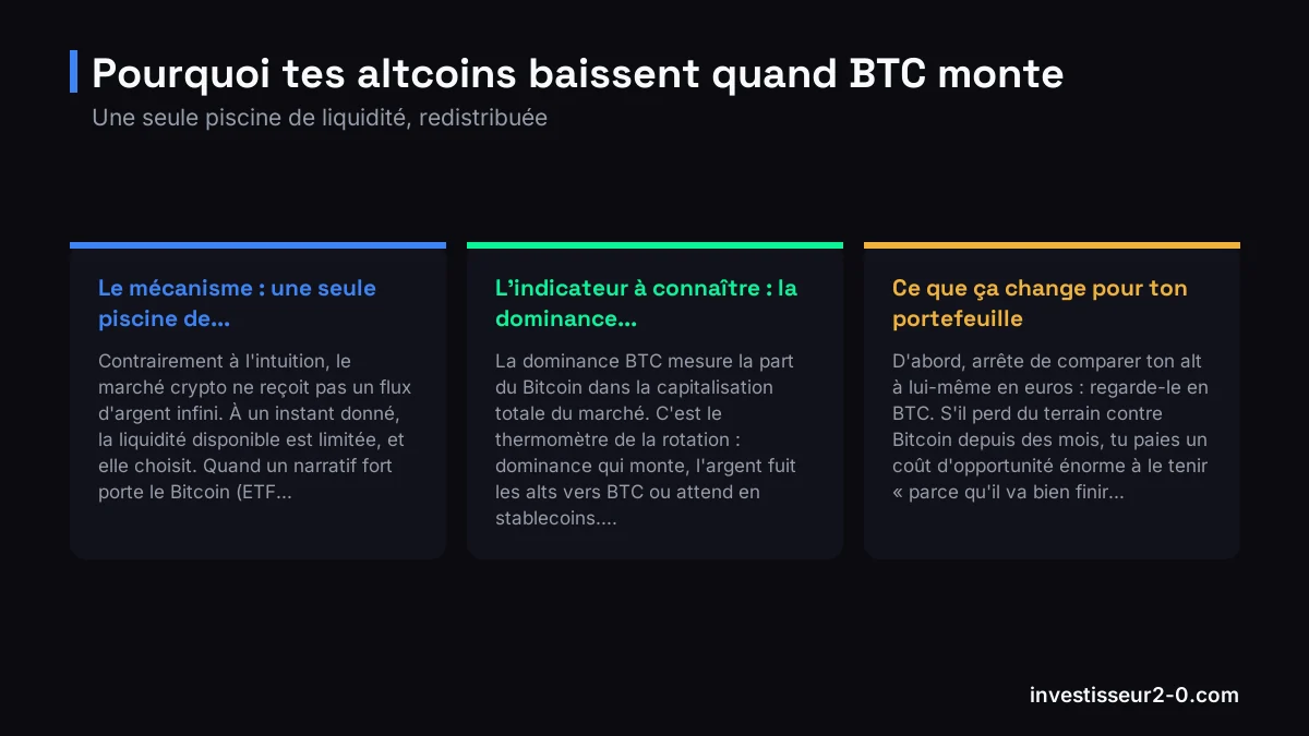 Pourquoi tes altcoins baissent quand BTC monte : Le mécanisme : une seule piscine de..., L'indicateur à connaître : la dominance..., Ce que ça change pour ton portefeuille.