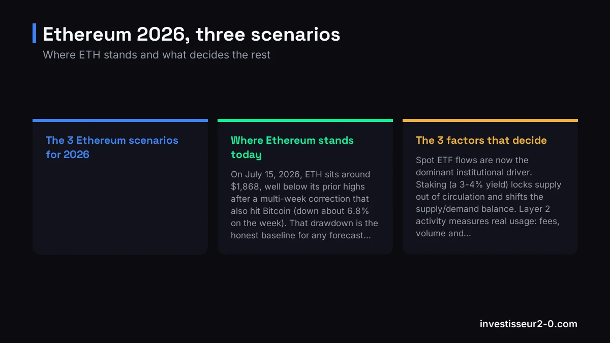 Ethereum 2026, three scenarios: The 3 Ethereum scenarios for 2026, Where Ethereum stands today, The 3 factors that decide.