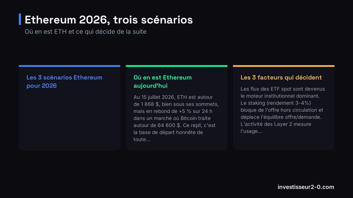 Ethereum 2026, trois scénarios : Les 3 scénarios Ethereum pour 2026, Où en est Ethereum aujourd'hui, Les 3 facteurs qui décident.