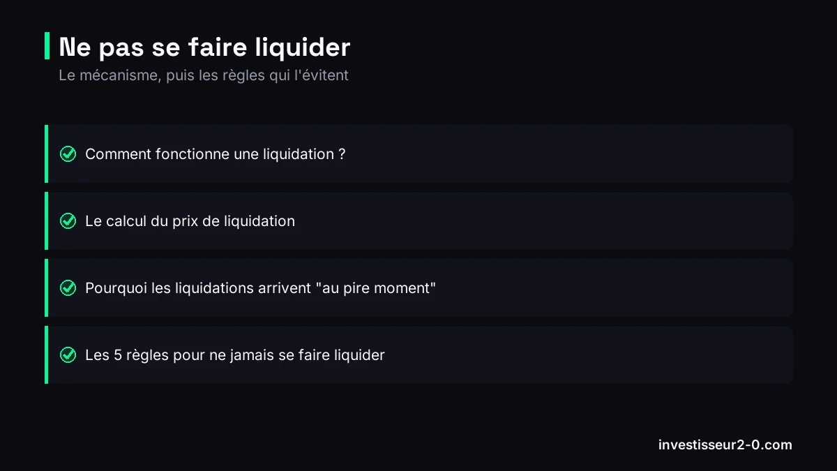 Ne pas se faire liquider : Comment fonctionne une liquidation ?, Le calcul du prix de liquidation, Pourquoi les liquidations arrivent 'au pire moment', Les 5 règles pour ne jamais se faire liquider.