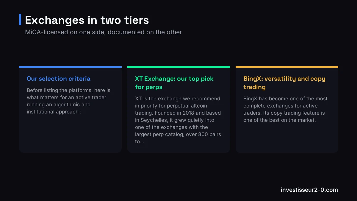 Exchanges in two tiers: Our selection criteria, XT Exchange: our top pick for perps, BingX: versatility and copy trading.