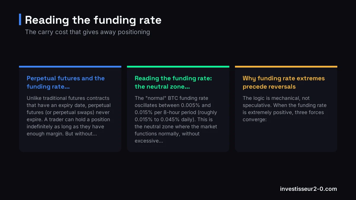 Reading the funding rate: Perpetual futures and the funding rate..., Reading the funding rate: the neutral zone..., Why funding rate extremes precede reversals.