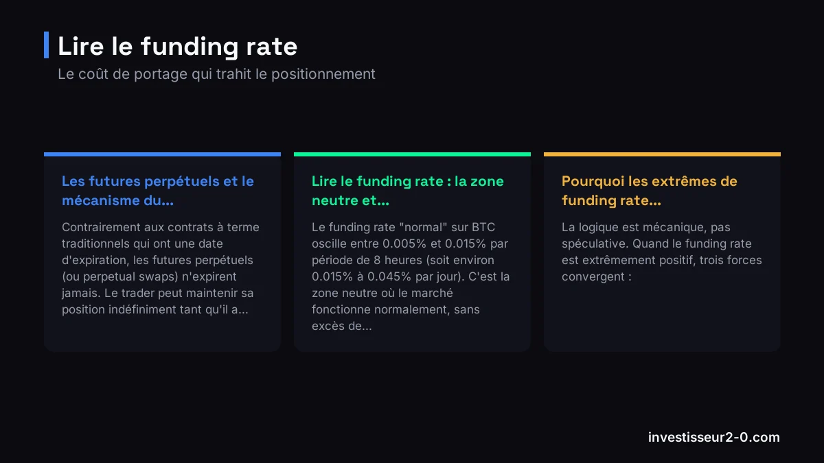 Lire le funding rate : Les futures perpétuels et le mécanisme du..., Lire le funding rate : la zone neutre et..., Pourquoi les extrêmes de funding rate....