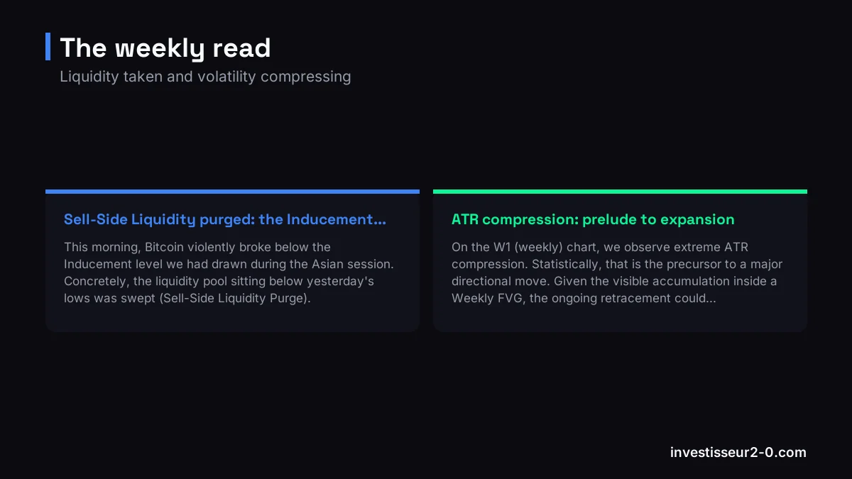The weekly read: Sell-Side Liquidity purged: the Inducement..., ATR compression: prelude to expansion.
