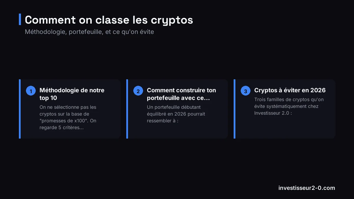 Comment on classe les cryptos : Méthodologie de notre top 10, Comment construire ton portefeuille avec ce top 10, Cryptos à éviter en 2026.