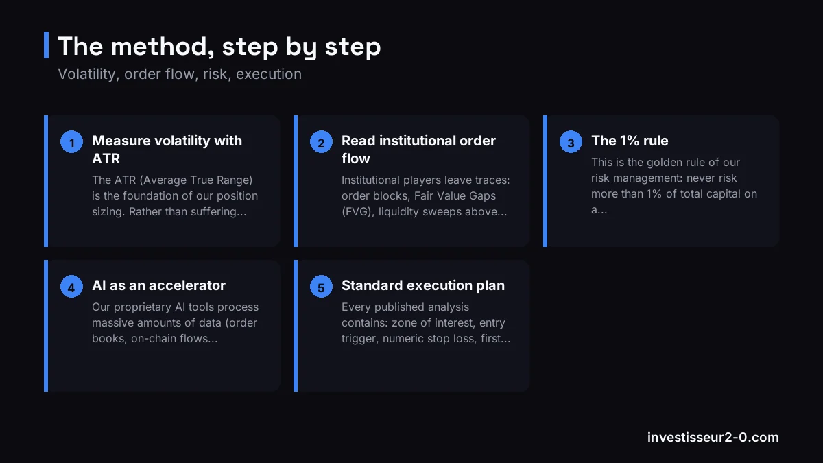The method, step by step: Measure volatility with ATR, Read institutional order flow, The 1% rule, AI as an accelerator, Standard execution plan.