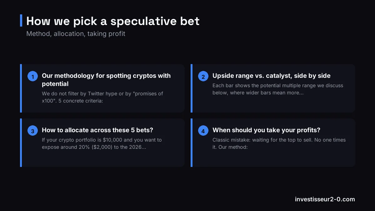How we pick a speculative bet: Our methodology for spotting cryptos with potential, Upside range vs. catalyst, side by side, How to allocate across these 5 bets?, When should you take your profits?.