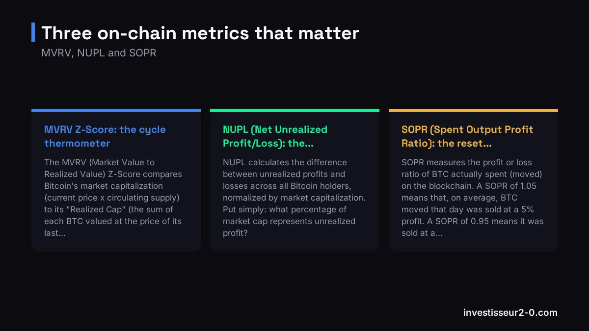 Three on-chain metrics that matter: MVRV Z-Score: the cycle thermometer, NUPL (Net Unrealized Profit/Loss): the..., SOPR (Spent Output Profit Ratio): the reset....