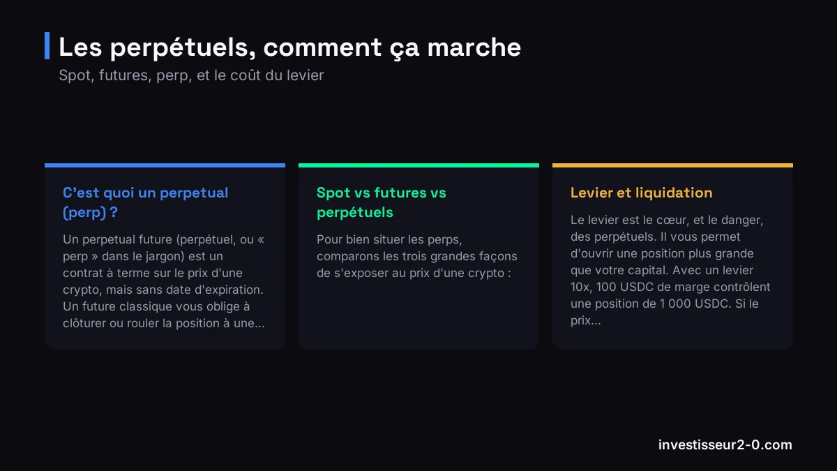 Les perpétuels, comment ça marche : C'est quoi un perpetual (perp) ?, Spot vs futures vs perpétuels, Levier et liquidation.