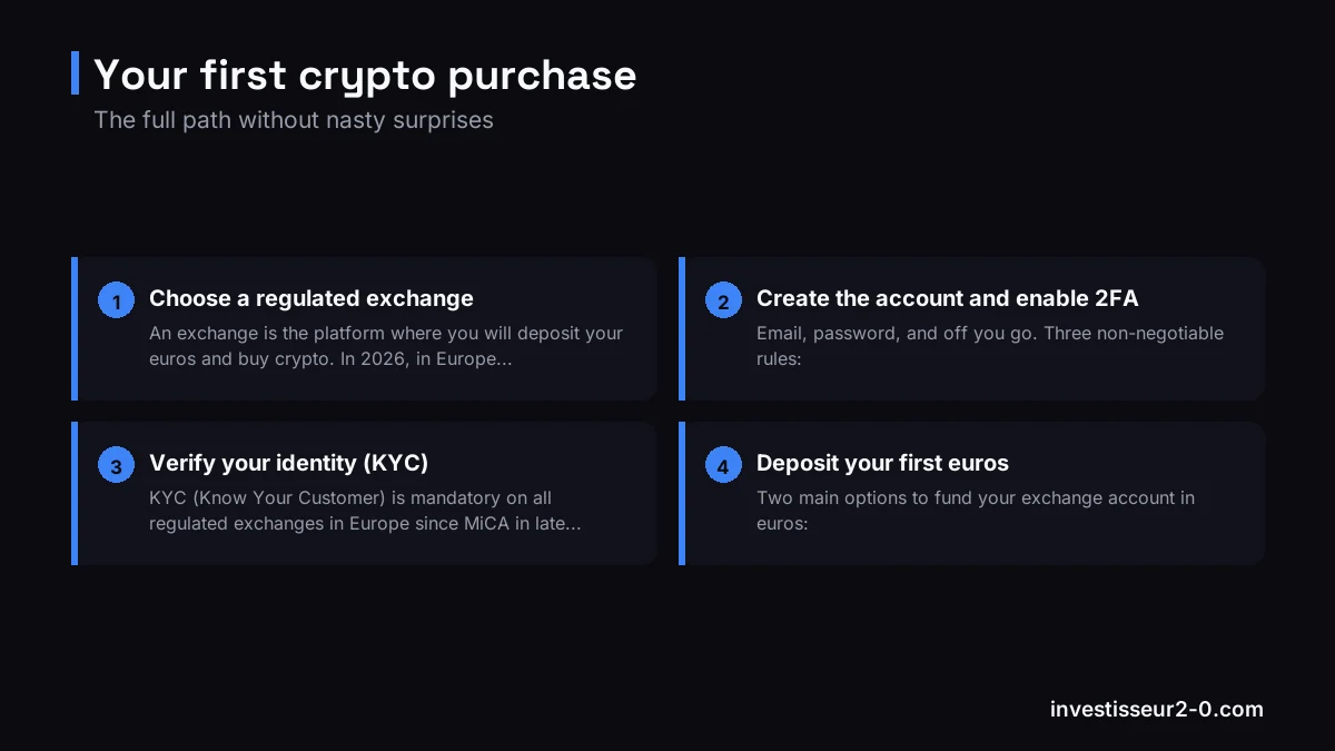 Your first crypto purchase: Choose a regulated exchange, Create the account and enable 2FA, Verify your identity (KYC), Deposit your first euros.