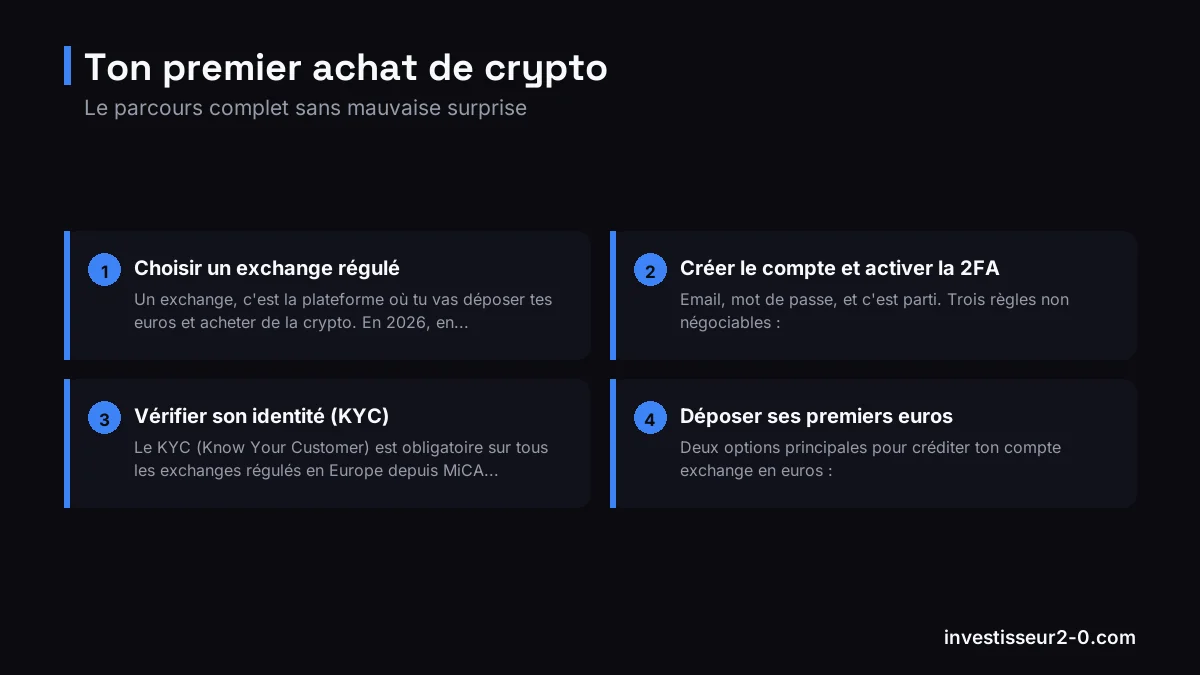 Ton premier achat de crypto : Choisir un exchange régulé, Créer le compte et activer la 2FA, Vérifier son identité (KYC), Déposer ses premiers euros.