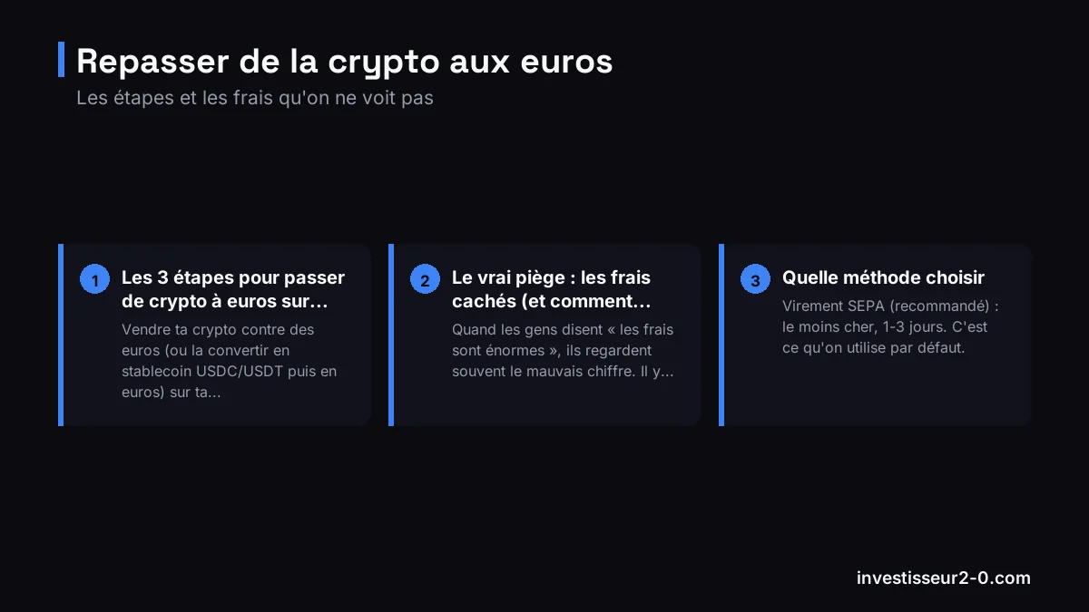 Repasser de la crypto aux euros : Les 3 étapes pour passer de crypto à euros sur ton..., Le vrai piège : les frais cachés (et comment on les..., Quelle méthode choisir.