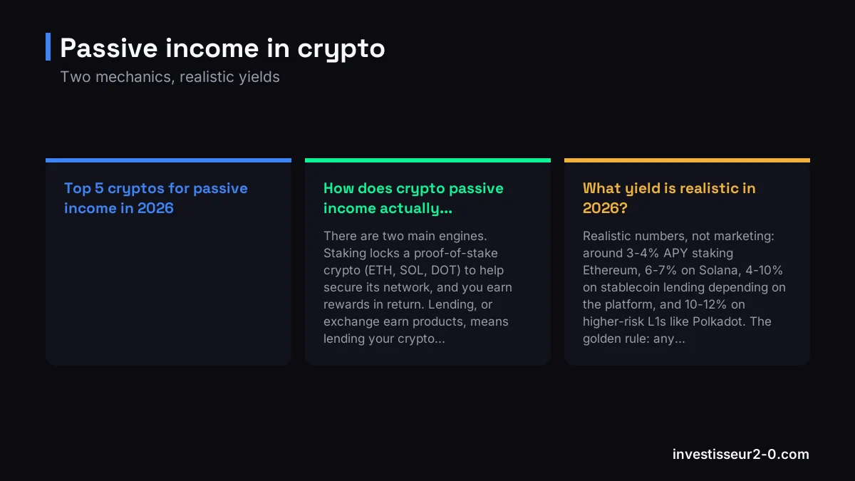 Passive income in crypto: Top 5 cryptos for passive income in 2026, How does crypto passive income actually..., What yield is realistic in 2026?.
