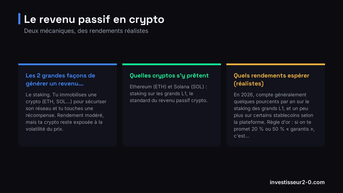 Le revenu passif en crypto : Les 2 grandes façons de générer un revenu..., Quelles cryptos s'y prêtent, Quels rendements espérer (réalistes).