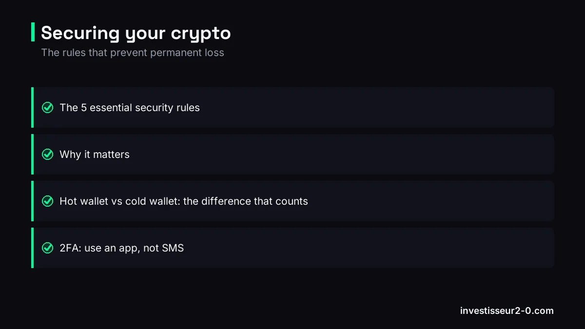 Securing your crypto: The 5 essential security rules, Why it matters, Hot wallet vs cold wallet: the difference that counts, 2FA: use an app, not SMS.