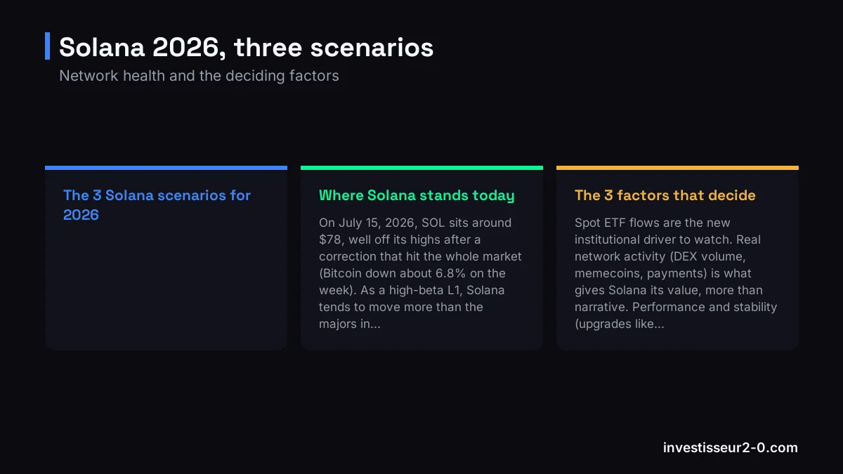 Solana 2026, three scenarios: The 3 Solana scenarios for 2026, Where Solana stands today, The 3 factors that decide.