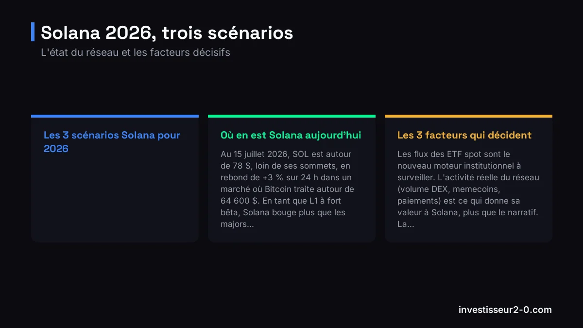 Solana 2026, trois scénarios : Les 3 scénarios Solana pour 2026, Où en est Solana aujourd'hui, Les 3 facteurs qui décident.