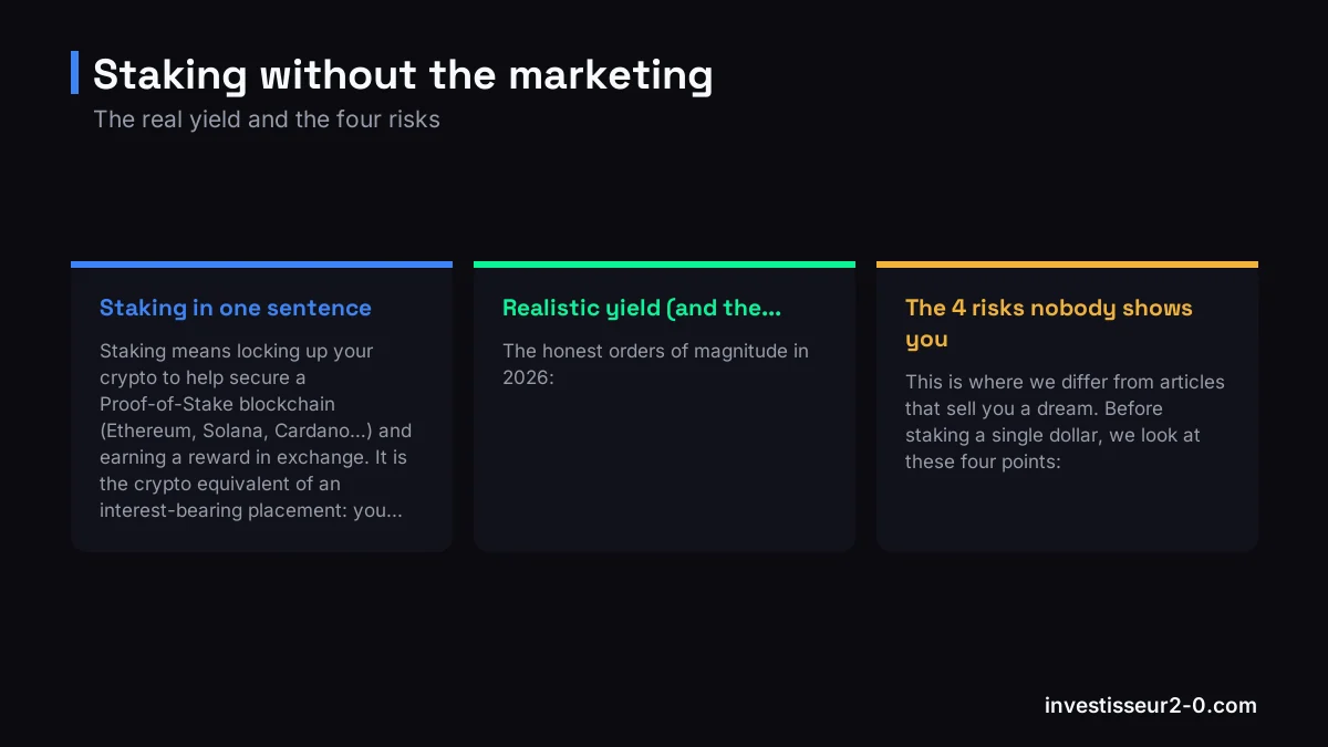 Staking without the marketing: Staking in one sentence, Realistic yield (and the..., The 4 risks nobody shows you.