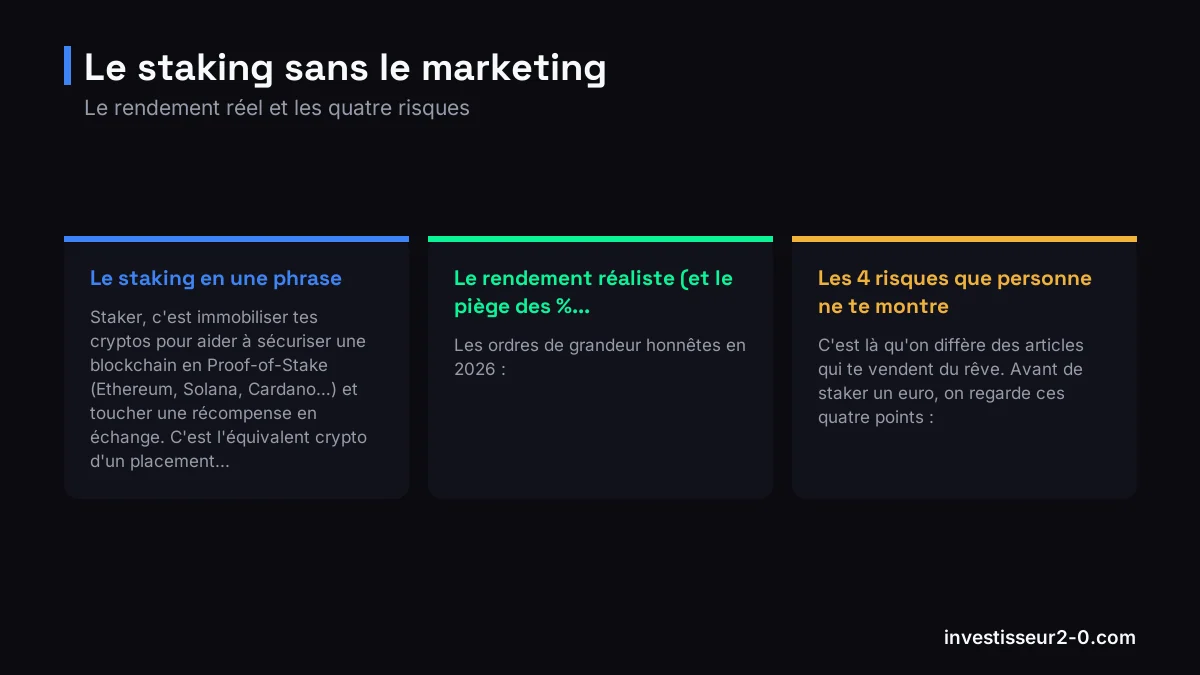 Le staking sans le marketing : Le staking en une phrase, Le rendement réaliste (et le piège des %..., Les 4 risques que personne ne te montre.