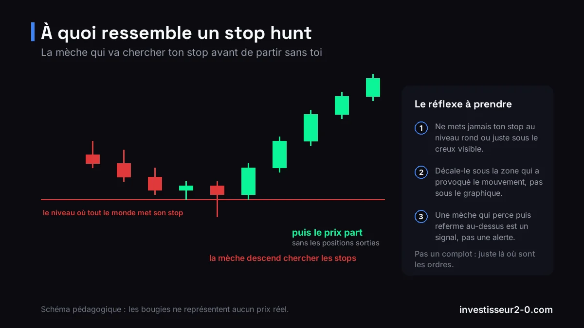 Schéma d'un stop hunt : une longue mèche descend sous un support évident pour déclencher les stops avant que le prix reparte à la hausse.