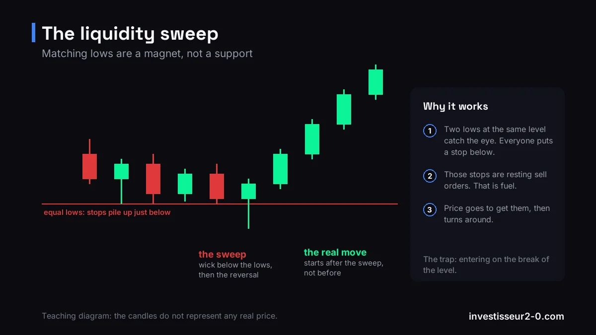 Diagram of a liquidity sweep: price briefly pierces two equal lows to trigger stops, then reverses upward.