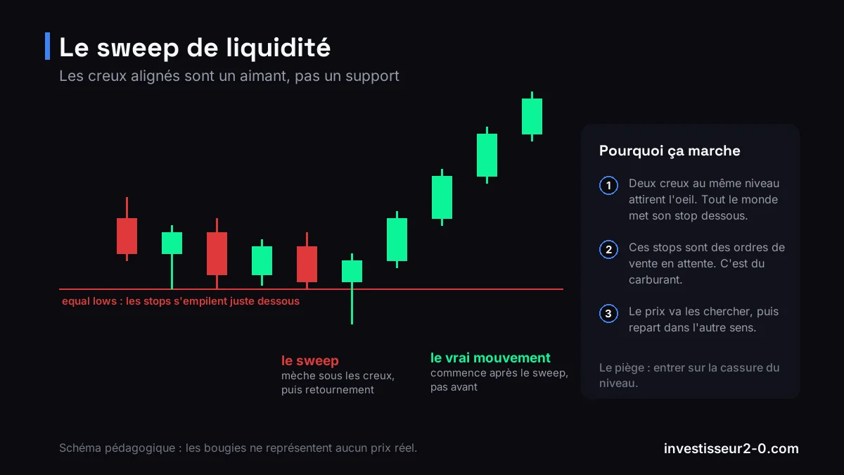 Schéma d'un sweep de liquidité : le prix perce brièvement deux creux alignés pour déclencher les stops, puis repart à la hausse.
