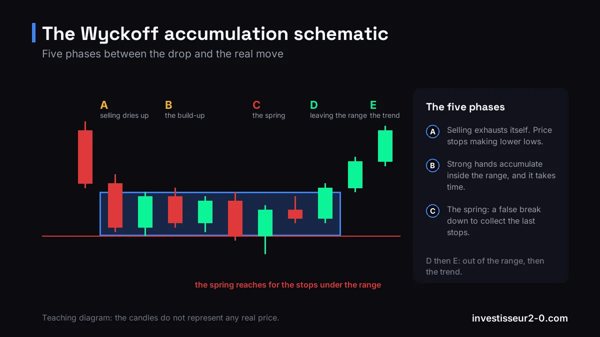 Wyckoff accumulation diagram in five phases: selling exhausts, the range builds, a spring dips below support, then the range breaks and a trend starts.