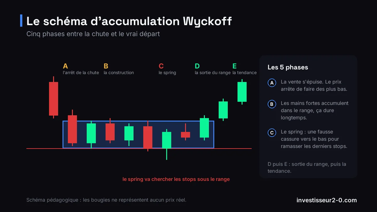 Schéma d'accumulation Wyckoff en cinq phases : arrêt de la chute, construction du range, spring sous le support, sortie de range puis tendance haussière.