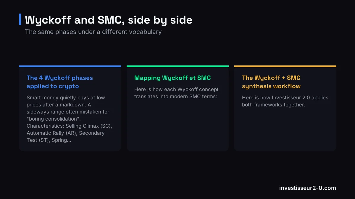 Wyckoff and SMC, side by side: The 4 Wyckoff phases applied to crypto, Mapping Wyckoff et SMC, The Wyckoff + SMC synthesis workflow.