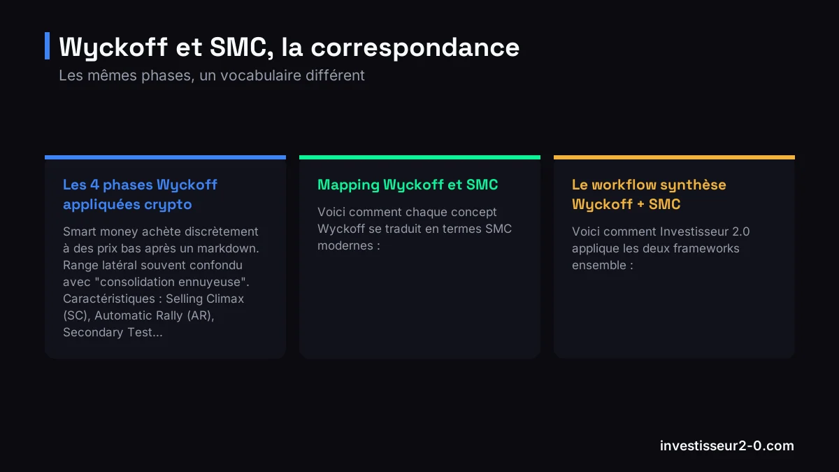 Wyckoff et SMC, la correspondance : Les 4 phases Wyckoff appliquées crypto, Mapping Wyckoff et SMC, Le workflow synthèse Wyckoff + SMC.